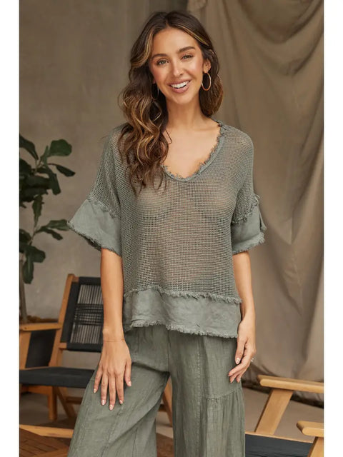 Cotton Mesh Grid Short Sleeve Top Army Green-Top-MILIO MILANO-XS-Army Green-Urbanheer