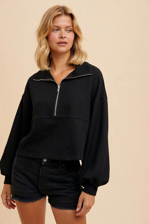 Cotton Thermal Cropped Half Zip Pullover Black-Pullover-In Loom-S-Urbanheer