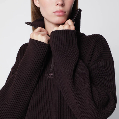 Courreges Courrèges Dark burgundy ribbed zip sweater
