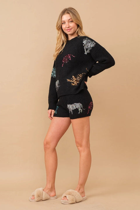 Cozy Multi Tiger Sequin Op With Matching Shorts Black-Set-Blue B-S-BLACK-Urbanheer