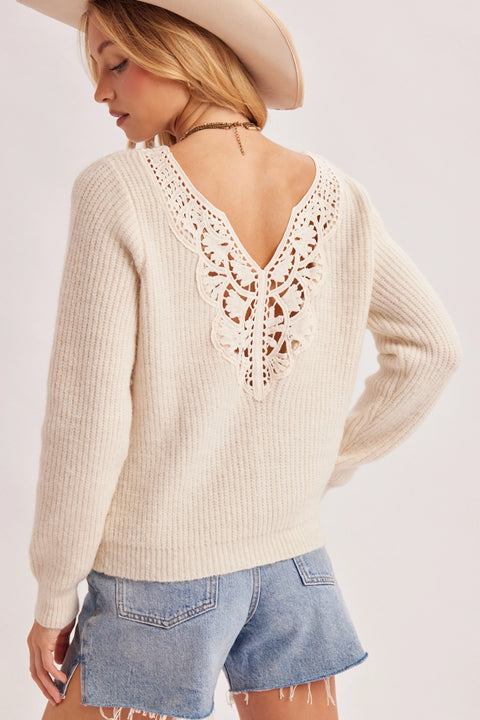 Crochet Lace Back V Neck Knit Sweater