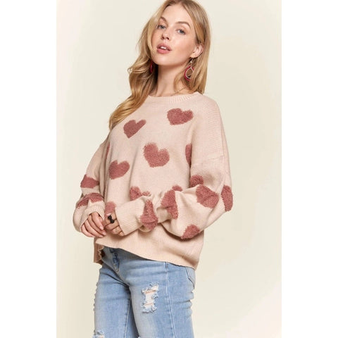 Cropped Button Down Sweater Cardigan Boho Floral Heart Patte khaki/mauve-Sweater-Blue Bunny Inc-S-Urbanheer