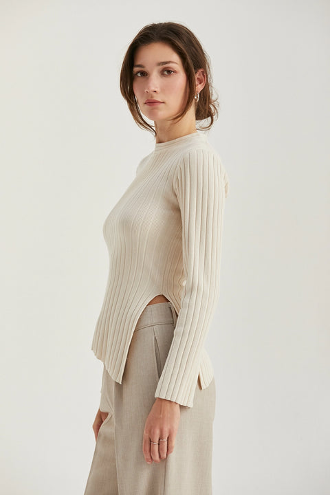 Danielle Rib Knit Asymmetric Hem Top Beige