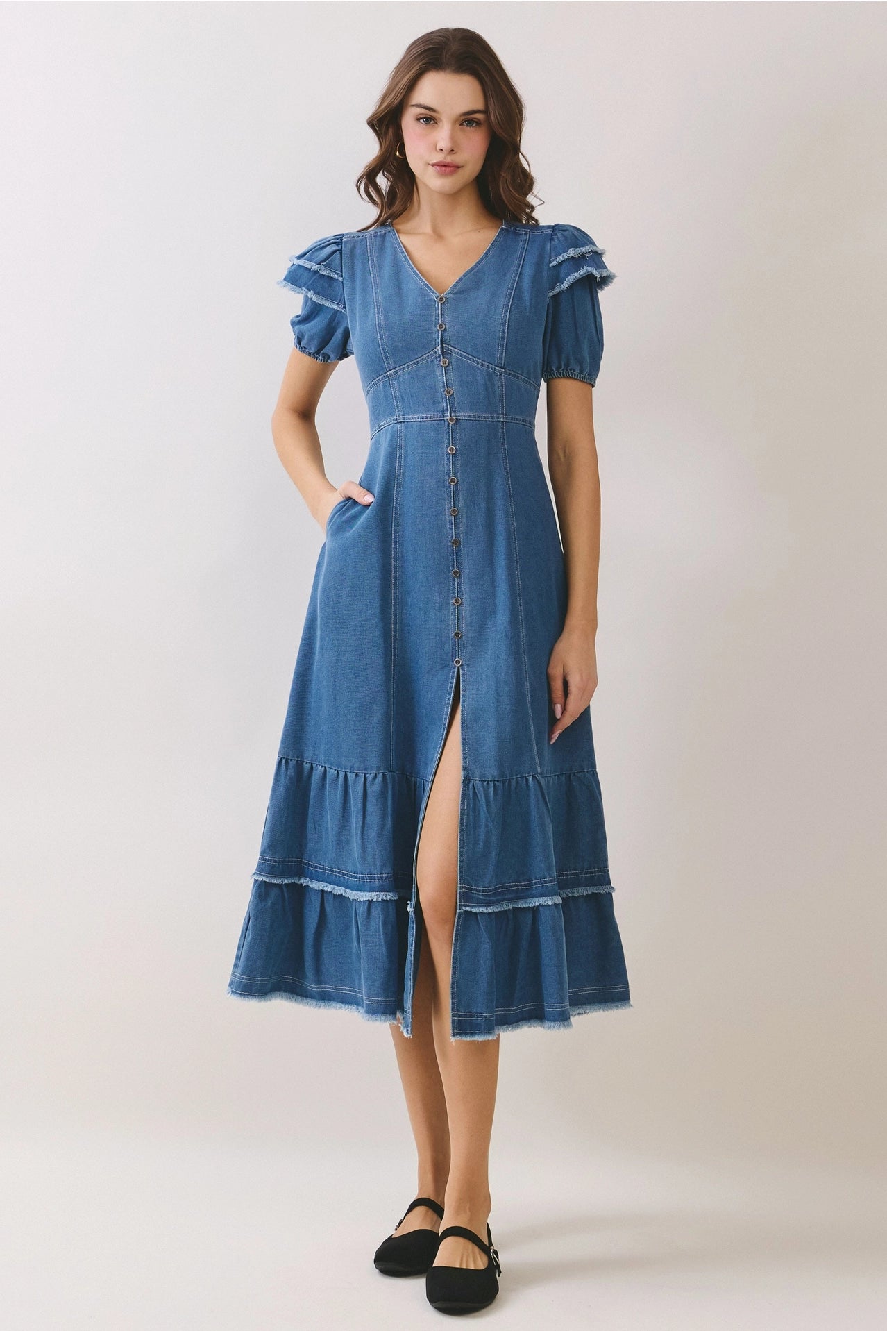 Denim Button Down Front Slit Tiered Midi Dress from TCEC exclusive