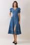 Denim Button Down Front Slit Tiered Midi Dress