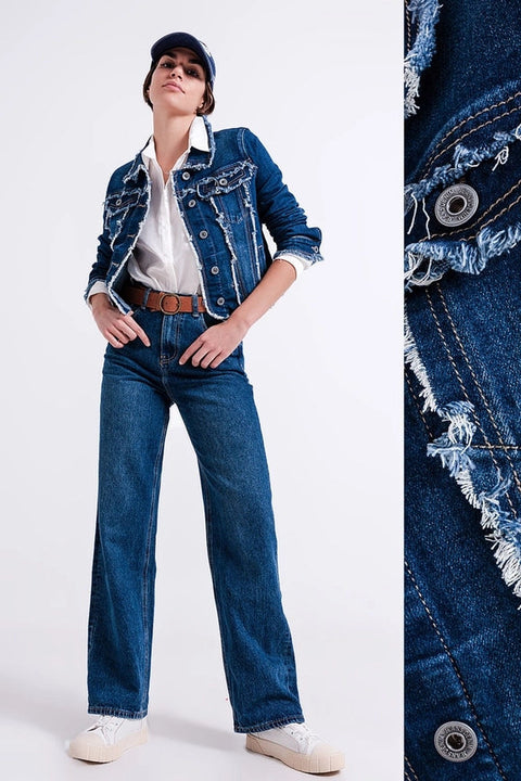 Denim Jacket with Frayed Design and Unfinished Hem-Jacket-Q2-S-Blue-Urbanheer
