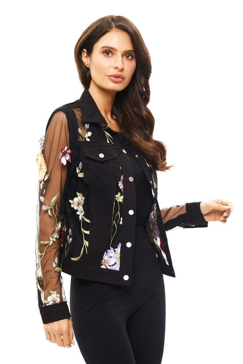 Denim Jacket with Mesh Inserts and Vibrant Embroidery-Jacket-Adore-S-Urbanheer