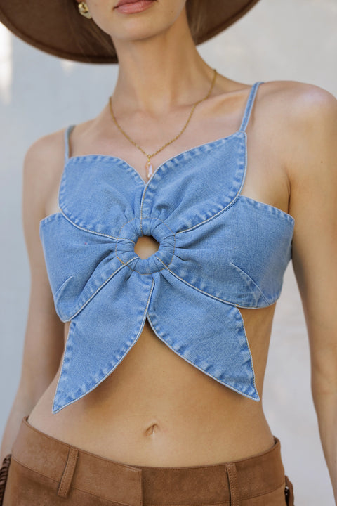 Denim Petal Tie-Back Crop Top