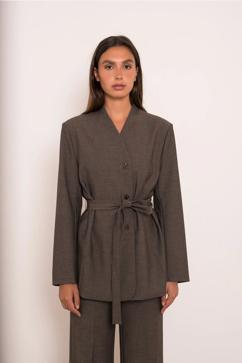 Diana Belted Double-Breasted Jacket with No Lapels