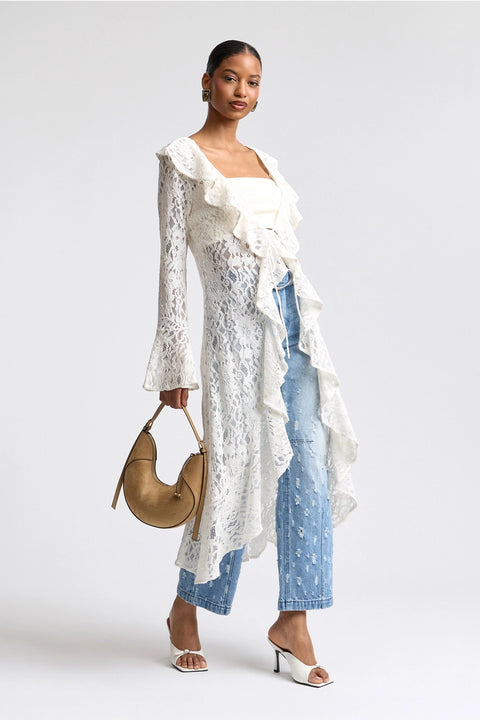 Distressed Darted Belted Wide-Leg Jeans