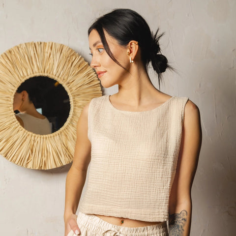 Double Layer Muslin Tank Top-Tank Tops-Moa-Length: 17" inch - 44cm Wide: 18.5"inch- 47cm-Beige-Urbanheer