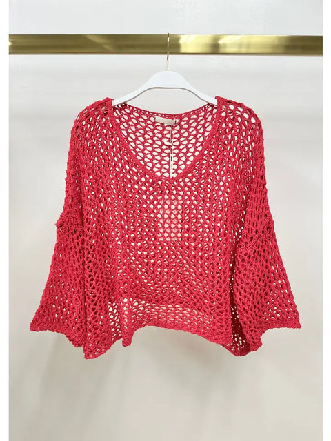Drop Shoulder Crochet V-Neck Tunic Red Flame-Tunic-MILIO MILANO-One Size-Red Flame-Urbanheer