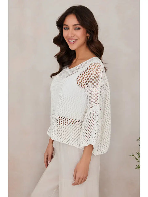 Drop Shoulder Crochet V-Neck Tunic White-Tunic-MILIO MILANO-One Size-White-Urbanheer