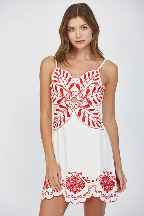 Emb Detail Linen Blend Scallop Edge Dress-Dress-FATE-S-OFF WHITE-Urbanheer