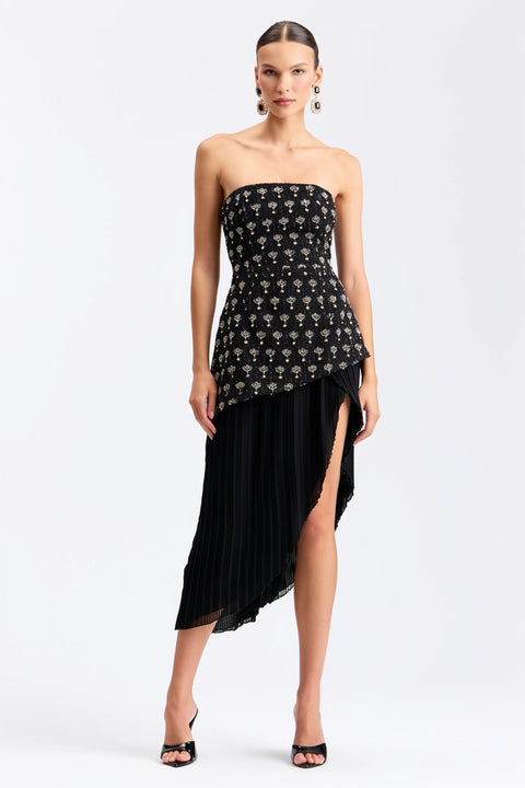 Embellished Tweed Strapless Asymmetrical Pleated Midi Dress - Black