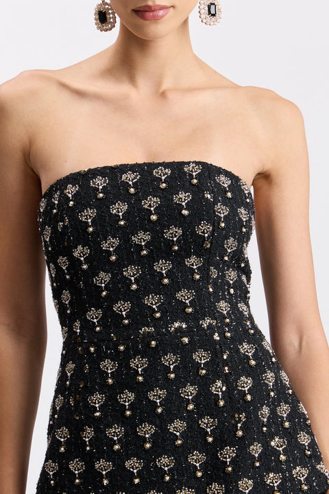 Embellished Tweed Strapless Asymmetrical Pleated Midi Dress - Black