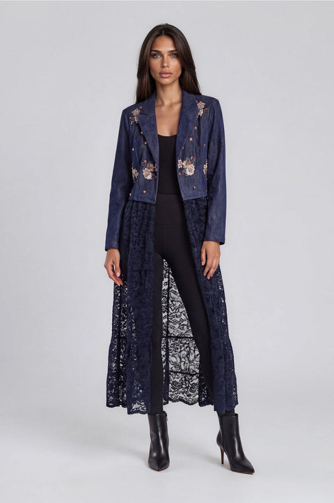Embellished Velvet & Lace Duster Jacket