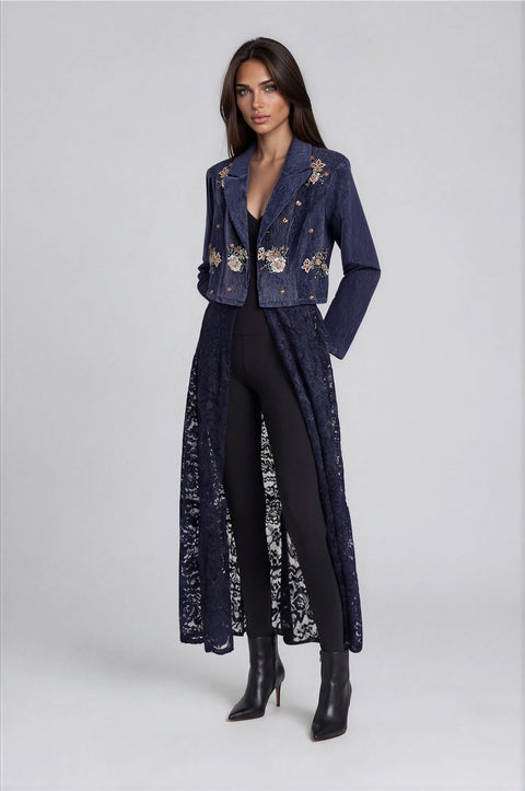 Embellished Velvet & Lace Duster Jacket