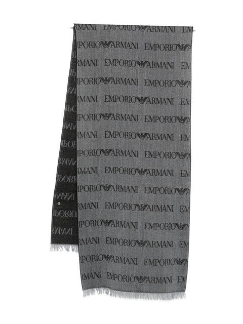 Emporio Armani Virgin Wool Blend Scarf With Jacquard Lettering Logo And Fringes