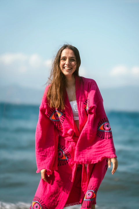 Evil Eye Robe Pink-Kimono-Moa-W: 33.5“inches (85cm) L: 47.2“inches (120cm)-Urbanheer