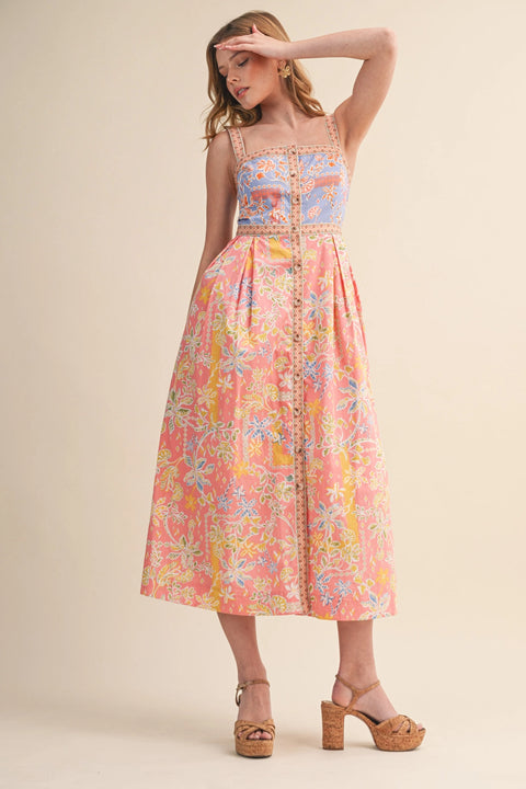 Exclusive Floral Button Down Tape Trim Midi Dress