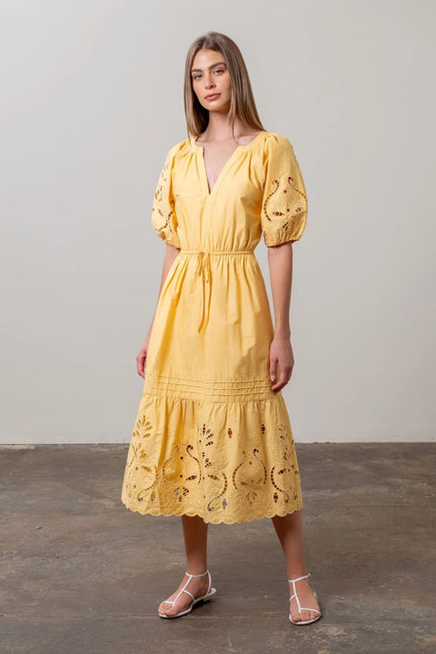 Eyelet Detail Waist Tie Midi Dress-Dress-Moon River-XS-LIGHT YELLOW-Urbanheer