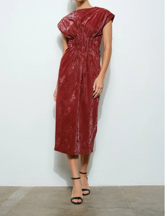 Faux Leather Structured Draping Midi Dress BURGUNDY from INA exclusive Urbanheer Faux Leather Structured Draping Midi Dress BURGUNDY from INA exclusive Urbanheer