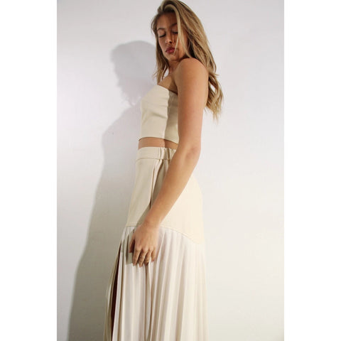Faux Leather Top And Pleated Slit Skirt Set CREAM/CREAM-Set-Mulla-S-CREAM/CREAM-Urbanheer