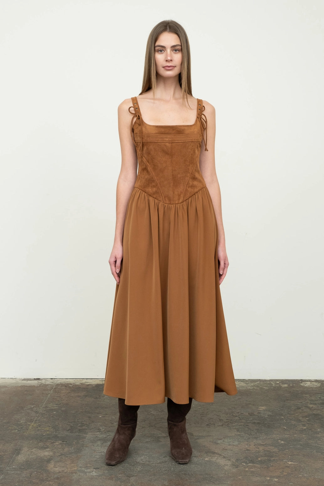 Faux Suede Mix Media Corset Midi Dress from Moon River exclusive at Faux Suede Mix Media Corset Midi Dress from Moon River exclusive at