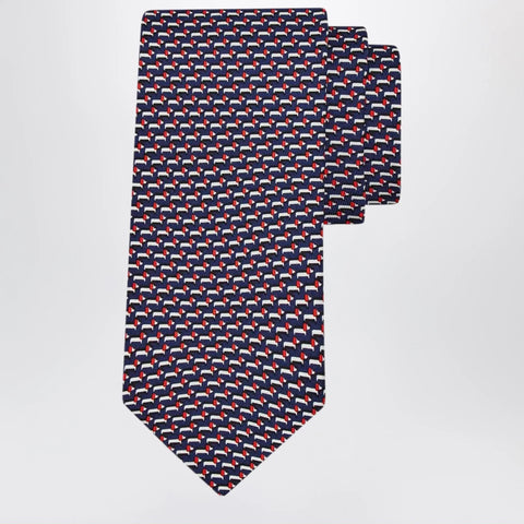 Ferragamo Navy Blue/Red Dachshund Print Silk Tie