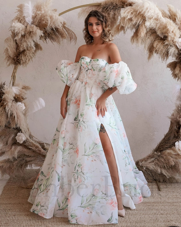 Floral A Line Organza Wedding Dress with Puffed Sleeve from Urbanheer Floral A Line Organza Wedding Dress with Puffed Sleeve from Urbanheer