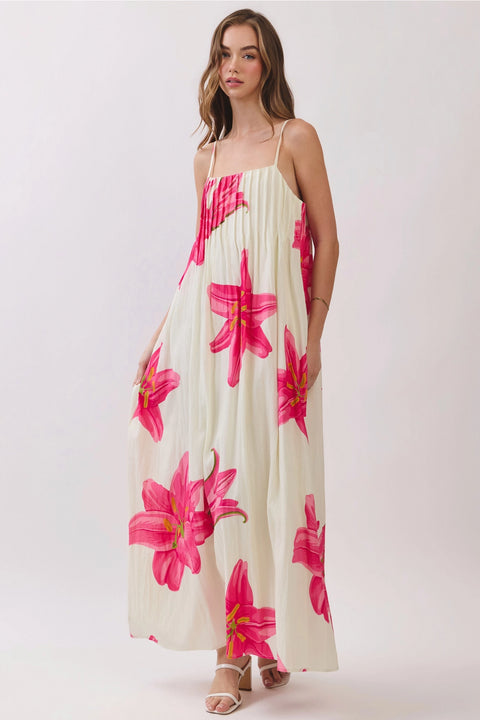 Floral Pleated Maxi Dress with Adjustable Straps