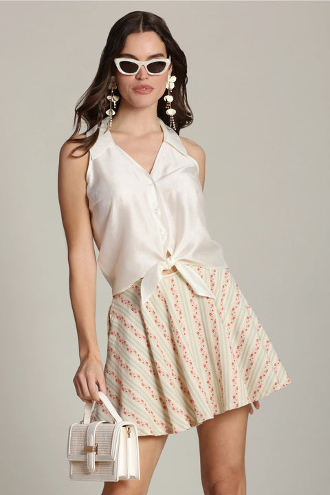 Floral Stripe Cotton Flared Mini Skirt