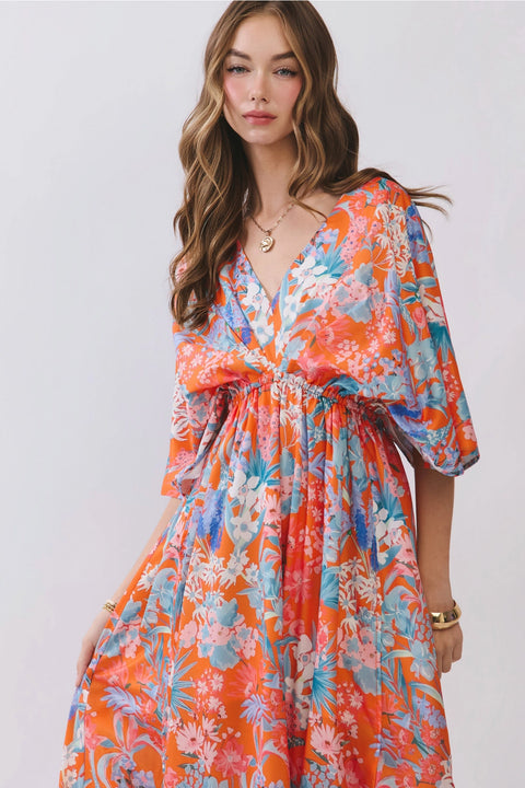Floral V Neck Empire Waist Maxi Dress