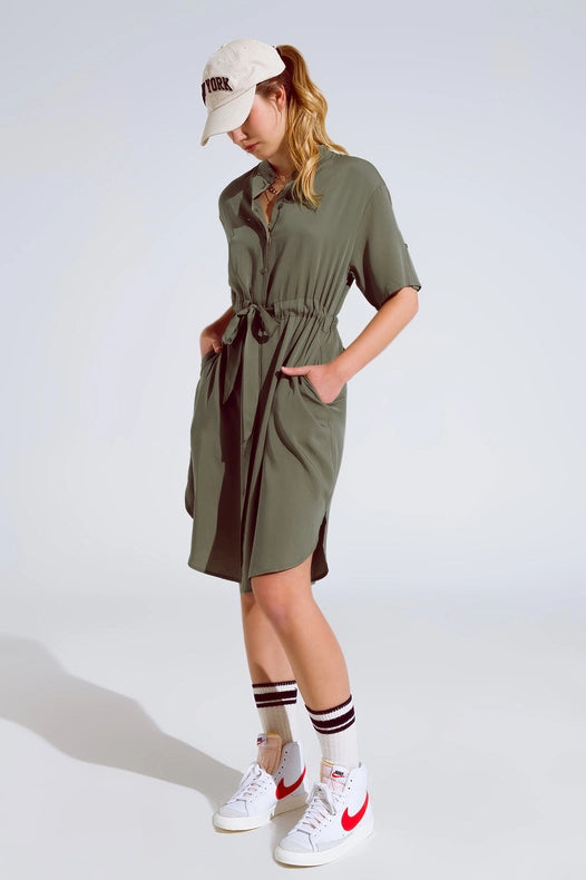 Flowy Button Up Dress With Belt And Side Pockets