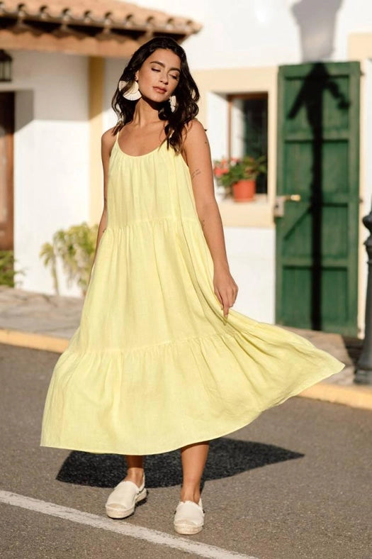knee length dresses for ladies Flowy Midi Linen Dress Praslin in Bright Yellow
