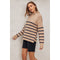 Fluffy High Neck Striped Hem Sweater - Mocha/Navy