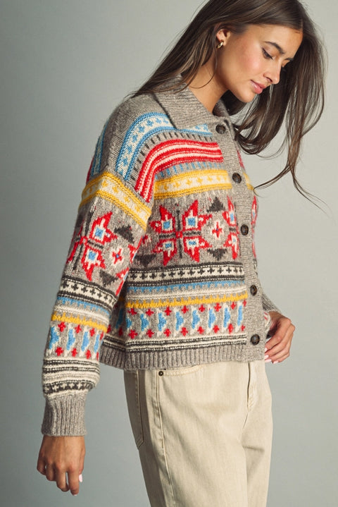 Folk Pattern Button Cardigan with Big Collar