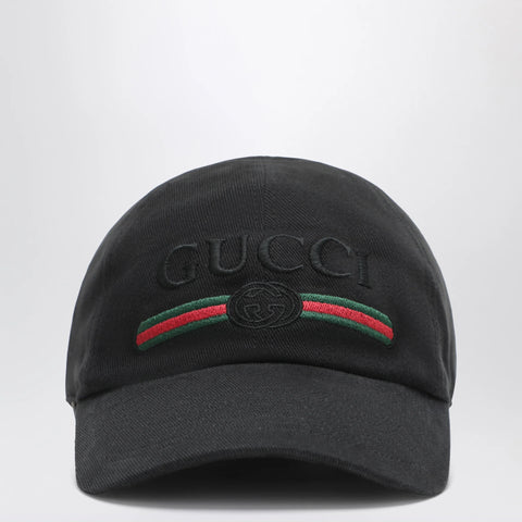 GUCCI Black cotton baseball cap with embroidered logo