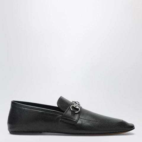 GUCCI Black leather horsebit loafers with silver hardware