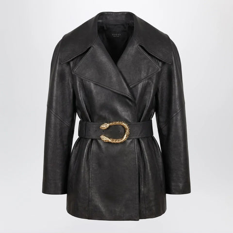 GUCCI Black leather jacket with Dionysus belt