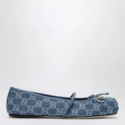 GUCCI Blue GG denim ballet flats with Horsebit detail
