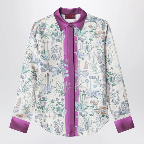 GUCCI Ivory silk twill shirt with floral print