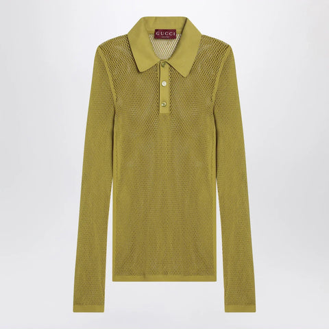 GUCCI Pistachio green perforated technical knit polo