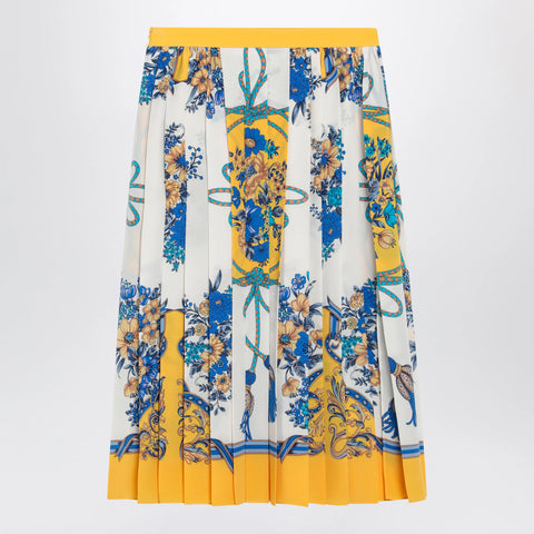GUCCI Pleated midi silk skirt with Flora print in yellow/ivory