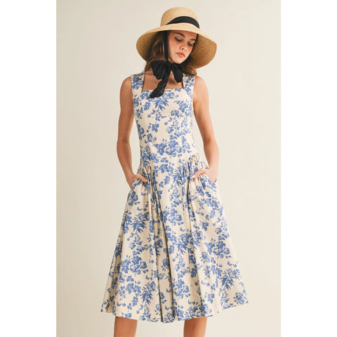 Garden Porcelain Square Neck Floral Midi Dress