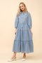 Garment Washed Chevron Yoke Midi Denim Dress Light Wash-Dress-Blue B-S-Urbanheer