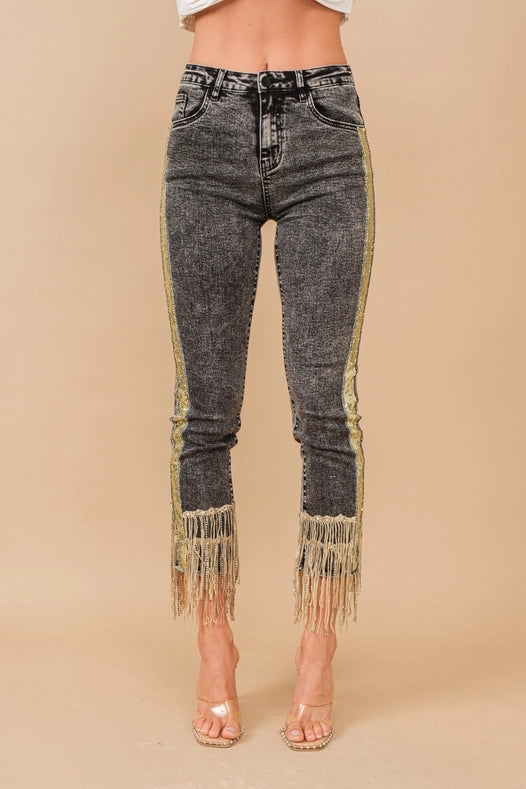 Garment Washed Side Sequin Tape Fringe Denim Jeans Charcoal from