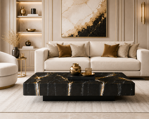 Glossy Black Gold Marble Coffee Table
