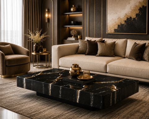 Glossy Black Gold Marble Coffee Table